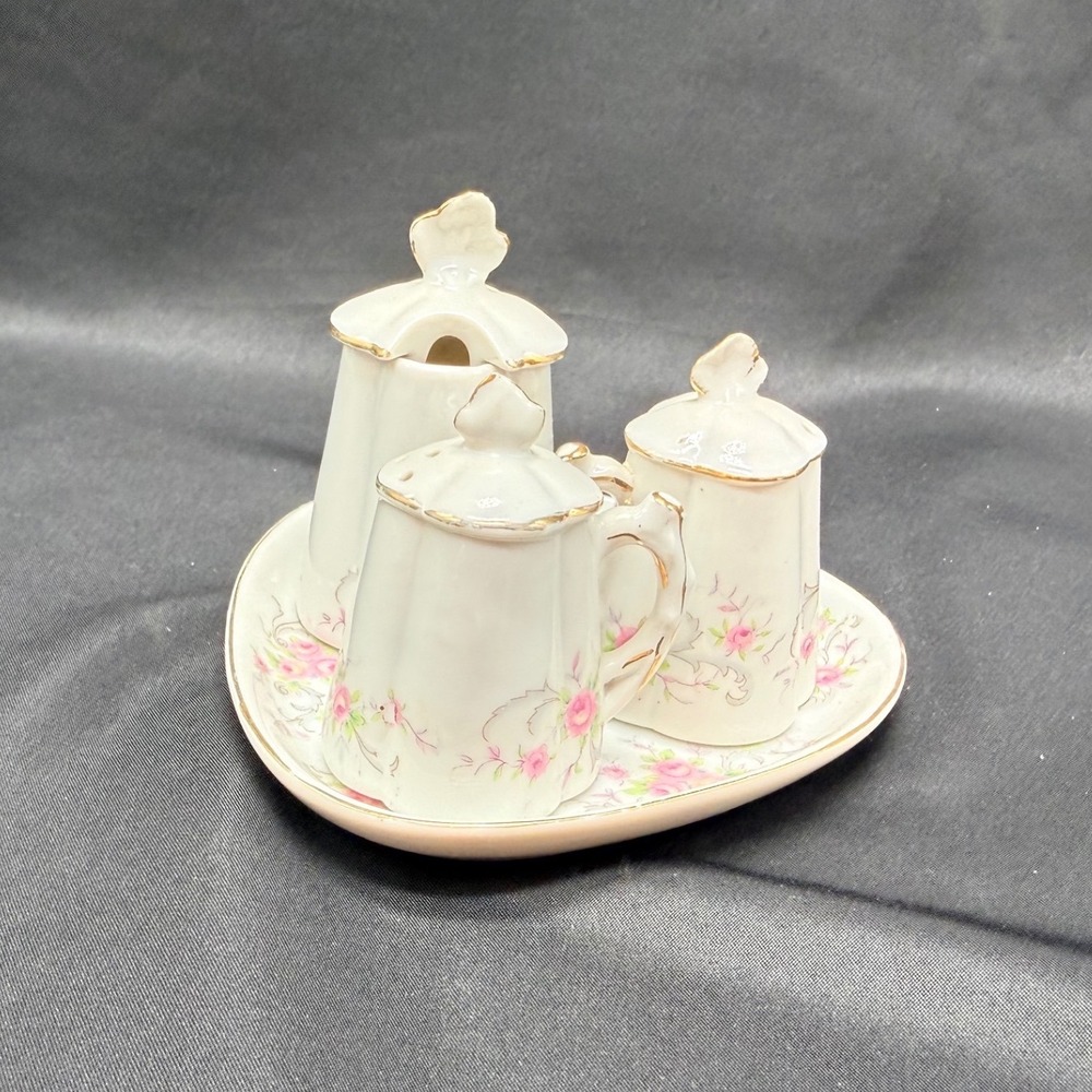 Lefton China Heritage Rose Salt Pepper Shaker Mustard Pot Tray Set 1315N Vintage